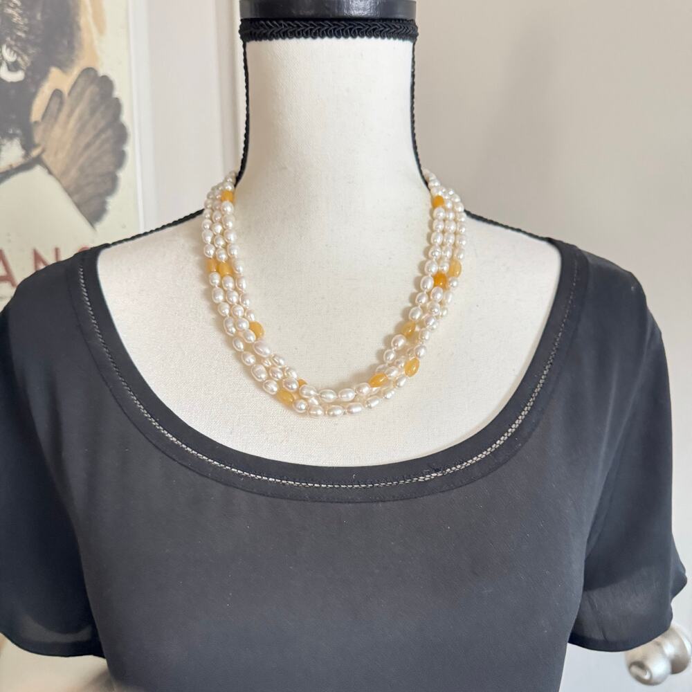 Flapper Length Cultured Pearl and Peach Gemstone Necklace Knotted Beachy Summery - Picture 10 of 16